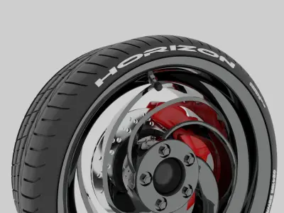 Unique car tires with brakes and rims 3D model