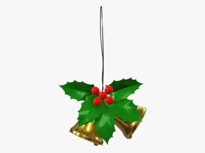 Christmas golden bells with holly berries 3D model