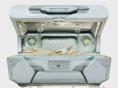 Futuristic Open Treasure Chest with Holographic Gems and Coins Low-poly 3D model