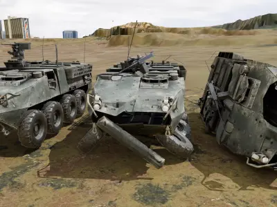 Stryker Armored Vehicle 3 Models Clean to Ruined Low-poly 3D model