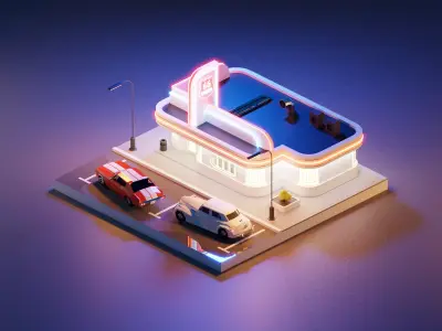 Rounte  model with Cars and Canteen  in blender low poly Low-poly 3D model