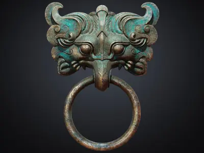Ancient Chinese Bronze mythical beast Door Knocker PBR Material  3D model