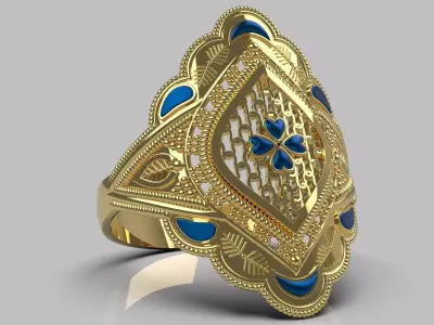 Elagent Gold Filigree Ring with Blue Enamel - Sizes Included 3D print model