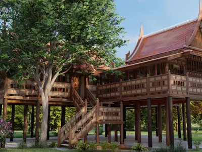 thaihome thai house in forest Low-poly 3D model
