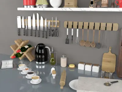 Kitchen collection utensils on shelves Free 3D model