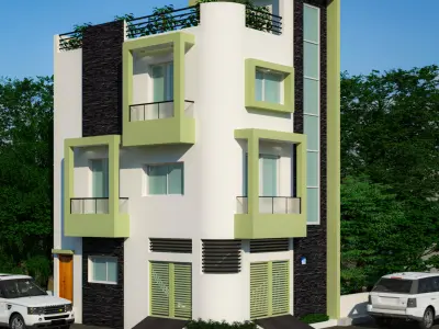 Banglow apartment building with car parked 3D model