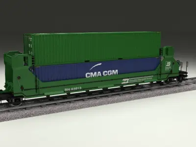 Green Train Well Car w Containers 3D model