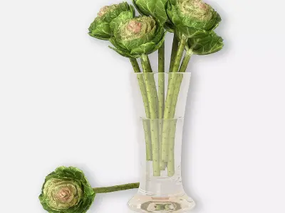 Brassica artichoke stems in glass vase 3D model