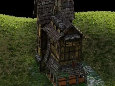 House 3D Model medieval on hill Free low-poly 3D model