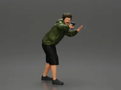 gangster man in hoodie and shorts shooting a gun behind the car 3D print model