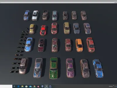 Pack Of wrecked rusted Low Poly 25 Sports Cars and 25 Rims Low-poly 3D model