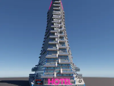 Huge skyscraper hotel with balcony and trapezoid shape Low-poly 3D model