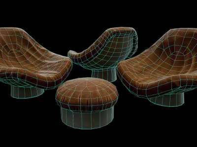 Chair d set of leather lounge chairs Low-poly 3D model