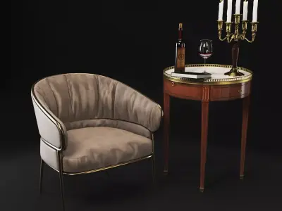 CHAIR MARBLE TABLE TABLE CANDLAND WINE BOTTLE STEPS BOOK Low-poly 3D model