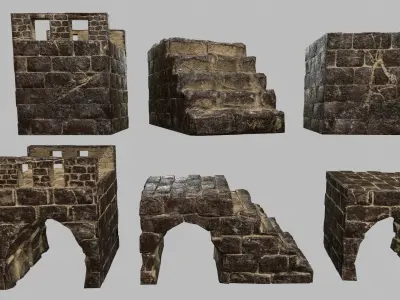 Stair Set stone tower Low-poly 3D model