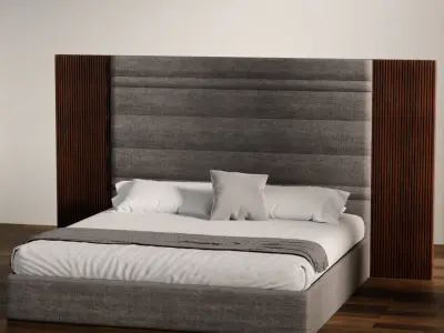 Luxury Upholstered Bed with Wood Accent Panels 3D model