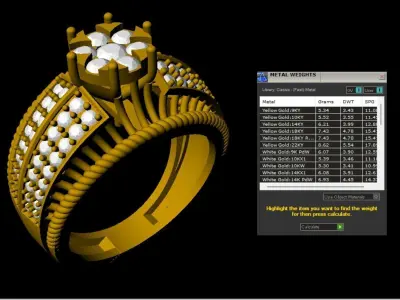 Triple Row Diamond Engagement Ring in Yellow Gold 3D print model