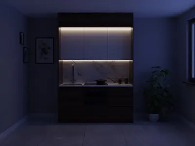 Mini small kitchen walnut white and marble 3D model