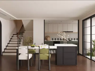 French style living room and kitchen 3D model