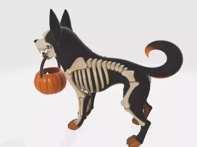 Halloween Skeleton Dog with Pumpkin Bucket Spooky Figurine 3D print model