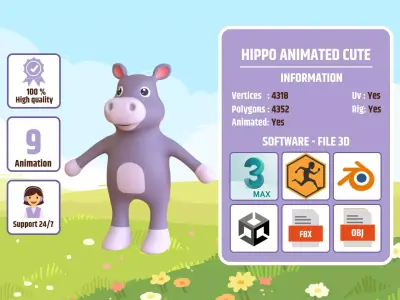 High-Quality 3D Cute Hippo - Animated for Games  Low-poly 3D model