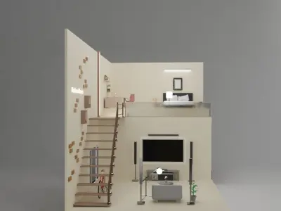 Isometric Living room  open inside interior architecture  Low-poly 3D model
