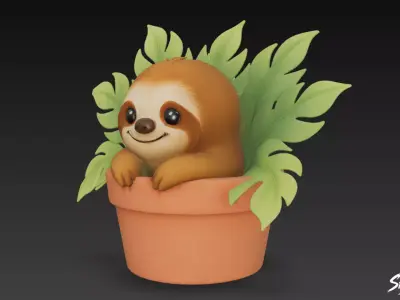 Sloth in Flower Pot Low-poly 3D model
