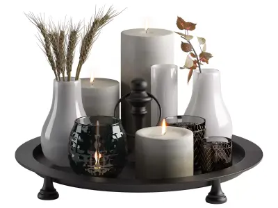 decorative set 5 tray with candles and vases 3D model