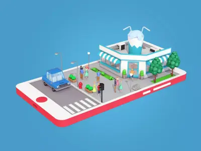 Cartoon Cocktail Cafe on Phone screen Low-poly 3D model