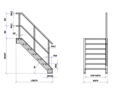 Grid stairs collection - handrail on right side - 46 versions 3D model