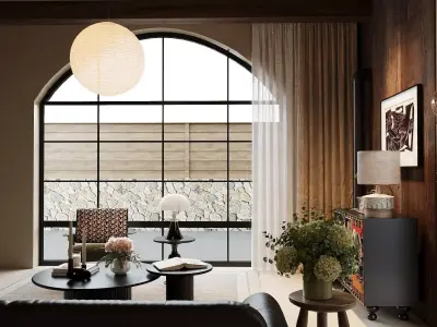 Cozy Rustic Living Lounge With Arched Openings 3D model