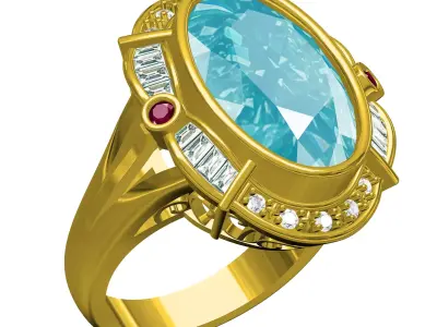 Aquamarine Stone Diamond Halo Art Deco Ring 3D print model