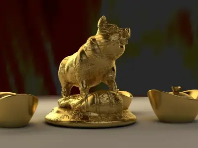 Chinese gold ingot with golden pig 3D model