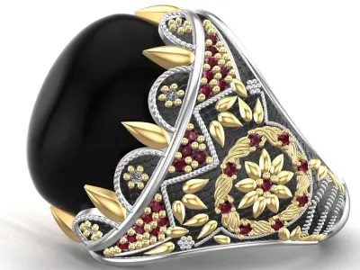 Turkish King Crown Black Onyx Silver Men Ring 3D print model