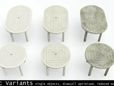 Garden Plastic Tables White - Long and Round Low-poly 3D model