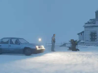 Snowy House Scene Real-Time Eevee Render Low-poly 3D model