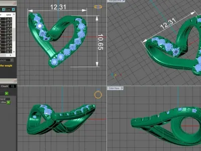 curved heart  gold pendant with diamonds 3D print model