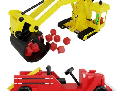 cartoy toy excavator with blocks 3D model