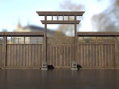Japanese wooden modular fence  Low-poly 3D model
