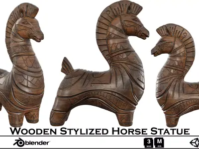 Wooden Stylized Horse Statue - Folkloric Carved Animal 3D Model 3D model