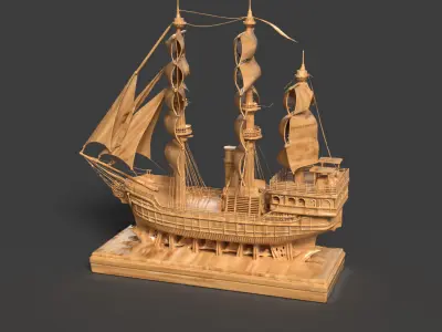  Chinese wooden carving sail ship Low-poly 3D model