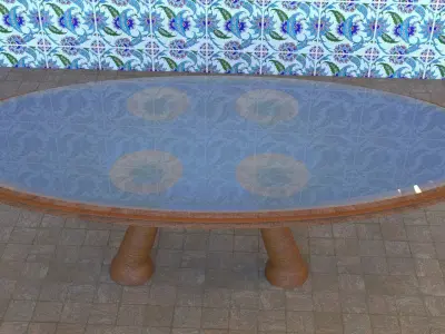 Table wooden with floral pattern on wall 3D model