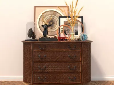 Rattan Sideboard and Decoration 3D model