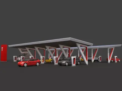 Cartoon Low Poly Tesla Charger Station Cars Pack Low-poly 3D model