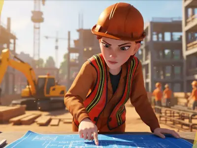 Stylized Female Construction Worker Rigged Builder in Safety Low-poly 3D model
