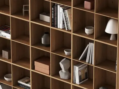 373 bookcase and rack 07 japandi wood with decor 01 3D model