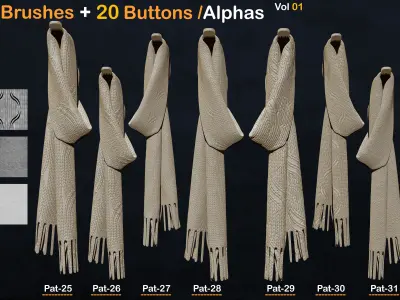 60 Fabric Brushes-20 Buttons -Alphas    Vol 01 3D model