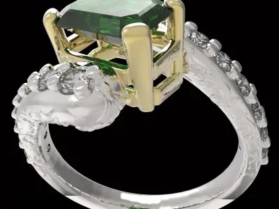 engraving crossed arms ring emerald cut gem with diamonds  3D print model