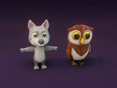 Cartoon Animated Owl and Wolf 3D Model Collection Low-poly 3D model