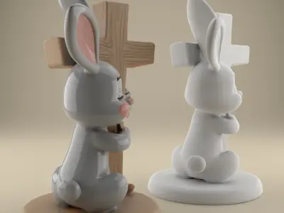 Easter Cute Bunny Hugging a Cross playful symbolic 4 3D print model